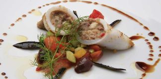 Découvrez des restaurants étoilés Michelin, à Rome Assiette de calamars farcis.